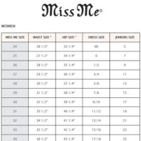 Miss Me Jeans Size 34 Chart